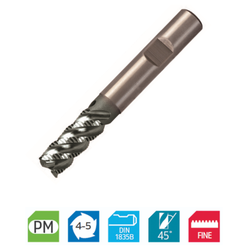 Europa Tools Powder Metal Roughing End Mill - Multi Flute Sabre Rougher - Extended Neck 45° Helix Fine Pitch - 16mm