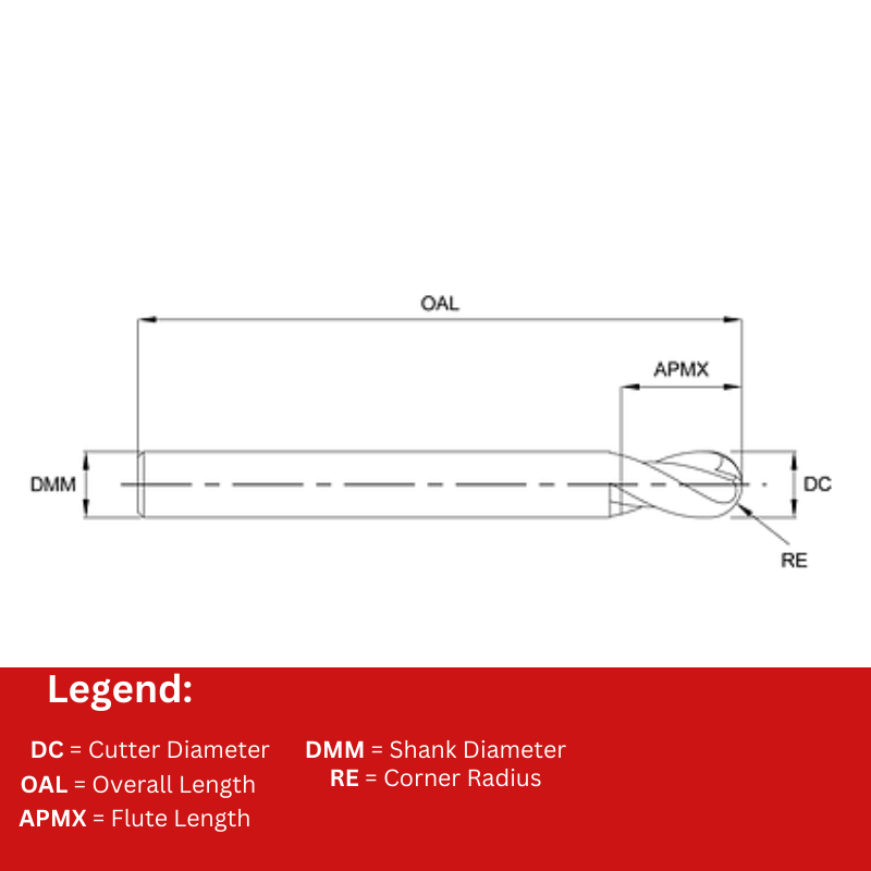 Europa Tools Carbide End Mill 2 Flute Ball Nose - Extended Neck - Pulsar DMX - 1.5mm x 50mm