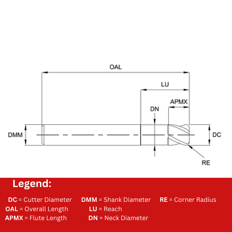 Europa Tools Carbide End Mill 4 Flute Extended Neck Short Length - Corner Radius - Pulsar Blue - 12mm x 38mm x R1