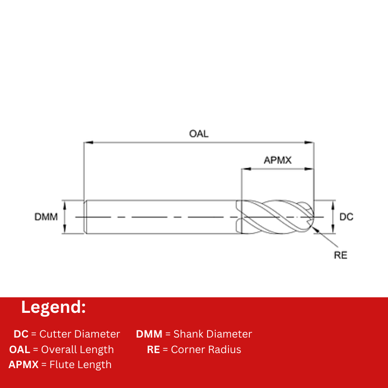 Europa Tools Carbide End Mill 4 Flute - Ball Nose - Standard Length - HX2 - 8mm