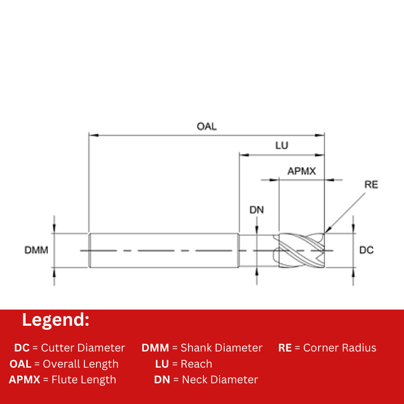 Europa Tools Carbide End Mill 4 Flute Corner Radius - Long Length Necked - Mastermill VX - 10mm x R0.5 x 35mm