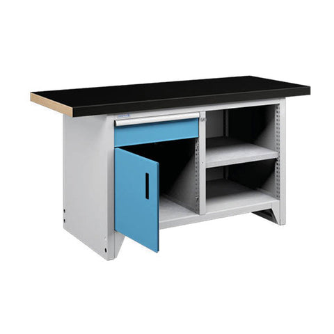 Polstore Modular Workbench With 1 Door, 1 Drawer & 2 Shelves - Rubber Cover - Light Grey/Light Blue - 1500mm (W) x 750mm (D)
