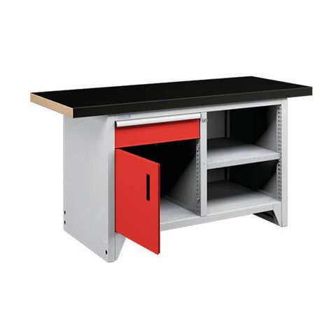 Polstore Modular Workbench With 1 Door, 1 Drawer & 2 Shelves - Rubber Cover - Light Grey/Red - 1500mm (W) x 750mm (D)