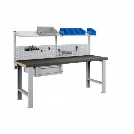 Polstore Workbench Combo - 1 Draw, 2 Panels & 2 Shelves Multiplex Top - Rubber Cover - Light Grey - 2000mm(w) x 750mm(d)