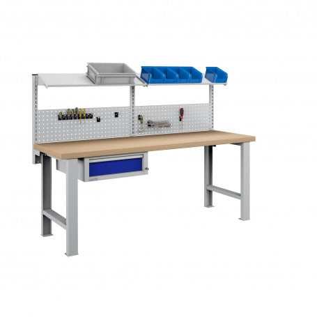 Polstore Workbench Combo - 1 Draw, 2 Panels & 2 Shelves Multiplex Top - Light Grey/Dark Blue - 2000mm(w) x 750mm(d)