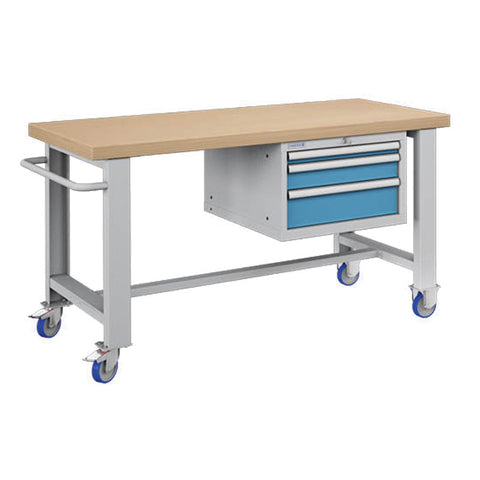 Polstore Standard Mobile Workbench - 3 Draws - Light Grey/Light Blue - 1500mm(W) x 750mm(D) x 908mm(H)