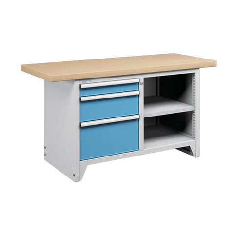 Polstore Modular Workbench With 3 Drawers & 2 Shelves - Light Grey/Light Blue - 1500mm (W) x 750mm (D)
