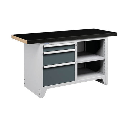 Polstore Modular Workbench With 3 Drawers & 2 Shelves - Rubber Cover - Light Grey/Dark Grey - 1500mm (W) x 750mm (D)