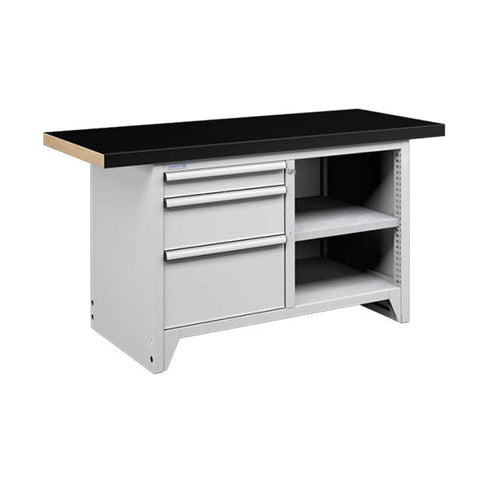 Polstore Modular Workbench With 3 Drawers & 2 Shelves - Rubber Cover - Light Grey - 1500mm (W) x 750mm (D)