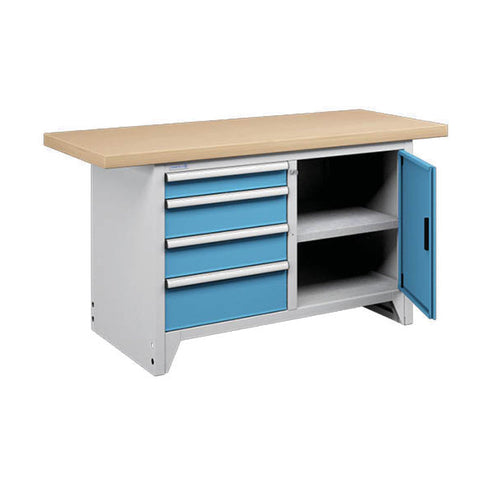Polstore Modular Workbench With 4 Drawers & 2 Shelves - Light Grey/Light Blue - 1500mm (W) x 750mm (D)