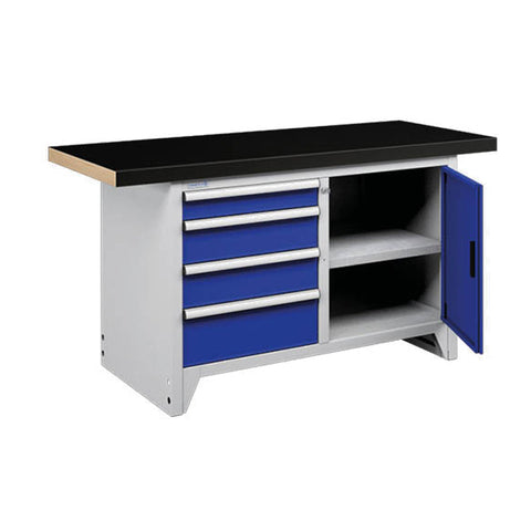 Polstore Modular Workbench With 4 Drawers & 2 Shelves - Rubber Cover - Light Grey/Dark Blue - 1500mm (W) x 750mm (D)