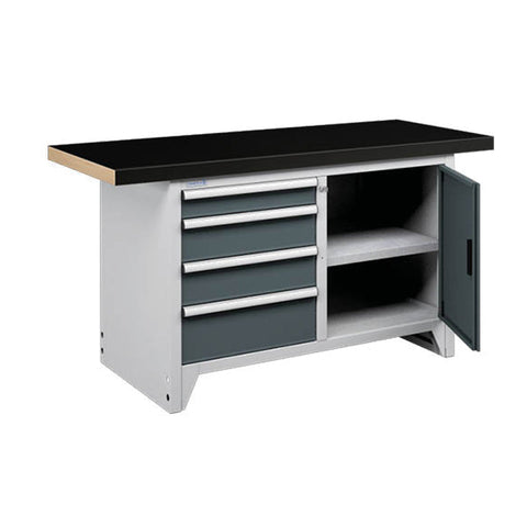 Polstore Modular Workbench With 4 Drawers & 2 Shelves - Rubber Cover - Light Grey/Dark Grey - 1500mm (W) x 750mm (D)