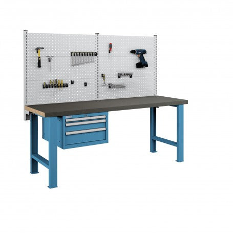 Polstore Workbench Combo - 3 Draws & 6 Panels Multiplex Top - Rubber Cover - Light Blue - 2000mm(w) x 750mm(d)