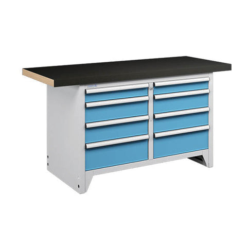 Polstore Modular Workbench 8 Draws - Multiplex Worktop With Rubber Cover - Light Grey/Light Blue - 1500mm (W) x 750mm (D)