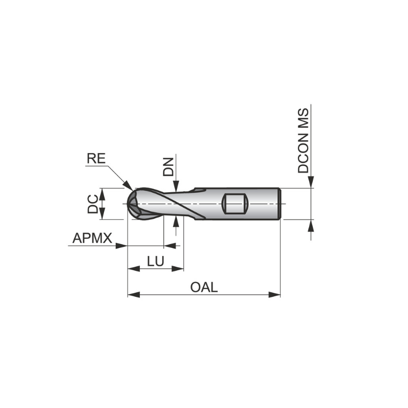 Dormer Pramet C50 20.0mm HSS-E Flatted Shank 2 Flute Ball Nosed Short Series Slot Drill DIN 327 D
