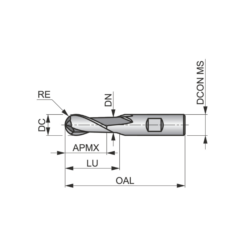 Dormer Pramet C505 8.0mm HSS-E Flatted Shank 2 Flute Ball Nosed Standard Length Slot Drill DIN 844 K