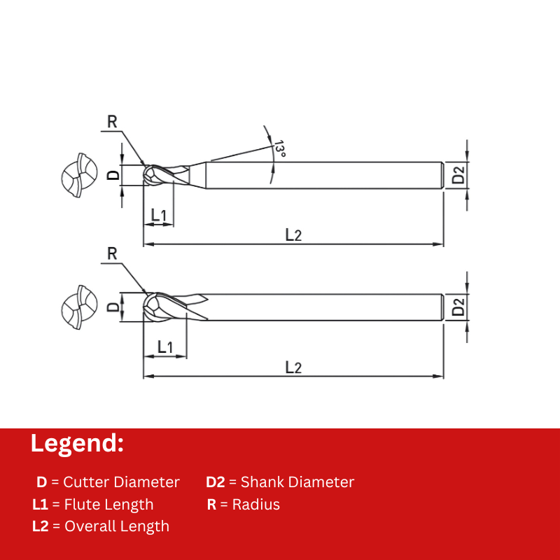Widin Carbide End Mill - Ball Nose - 2 Flute - 5.5mm x 6mm Shank Dia