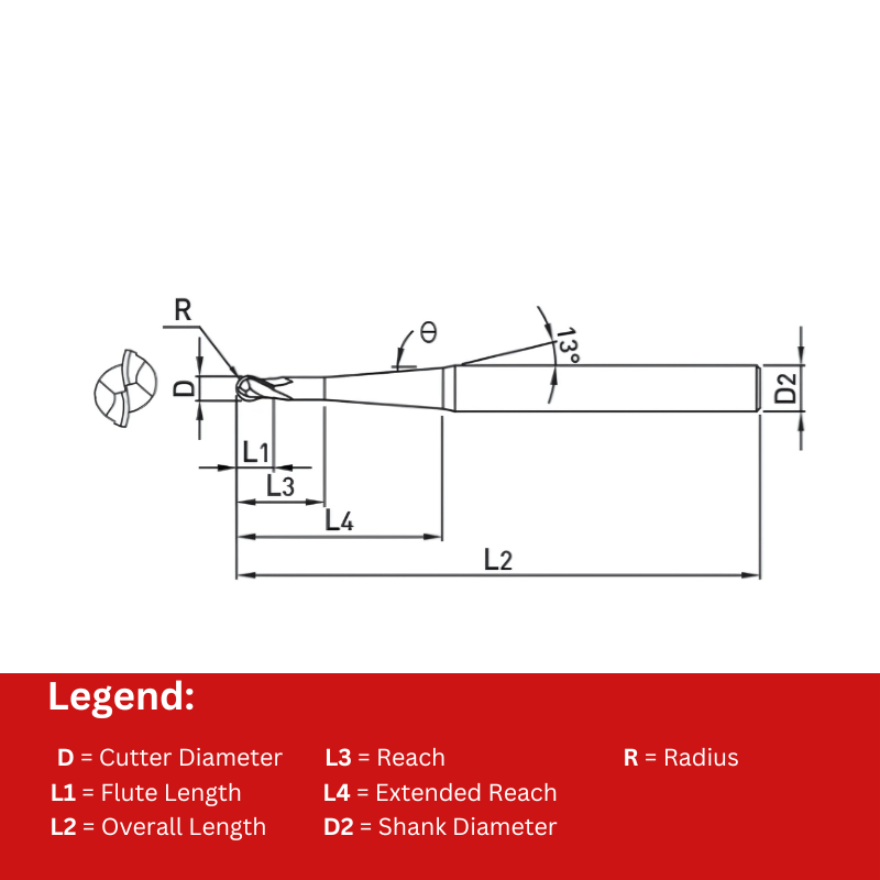 Widin Carbide End Mill - Ball Nose - 2 Flute Tapered Neck Type - 4mm x 70mm x28mm