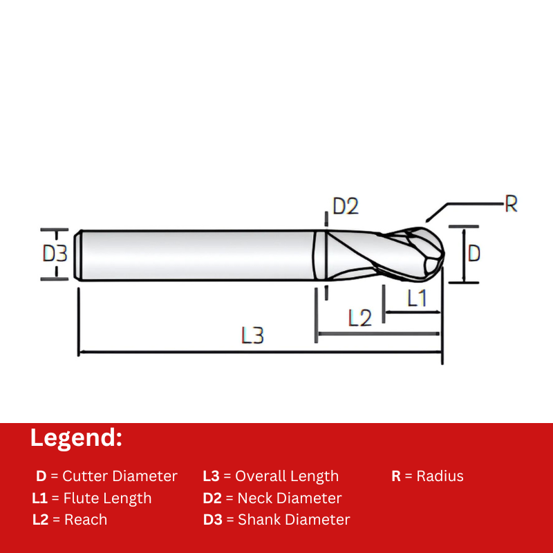Widin Carbide End Mill - 2 Flute Stub Cut Length - Ball Nose - 8mm x 70mm