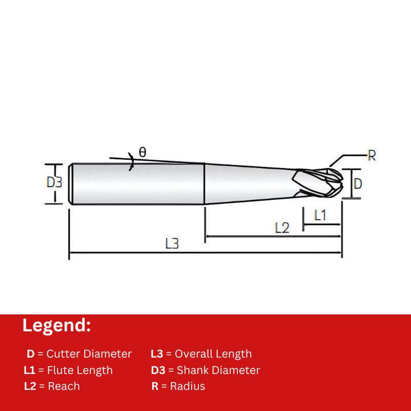 Widin Carbide End Mill - 4 Flute Tapered Neck For Finishing Mold & Die - 5mm x 2.5