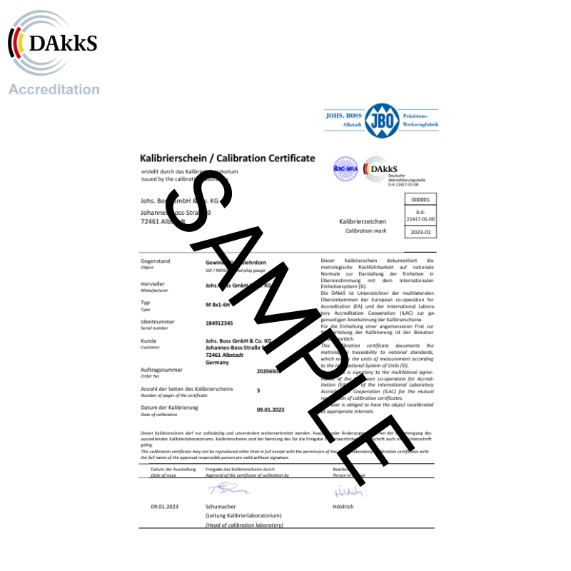 JBO Plug Gauge - Metric (STI) Heli Coil Gauge - Right Hand - 6H - M20 x 2.5 - Calibrated (DAkkS Calibration)