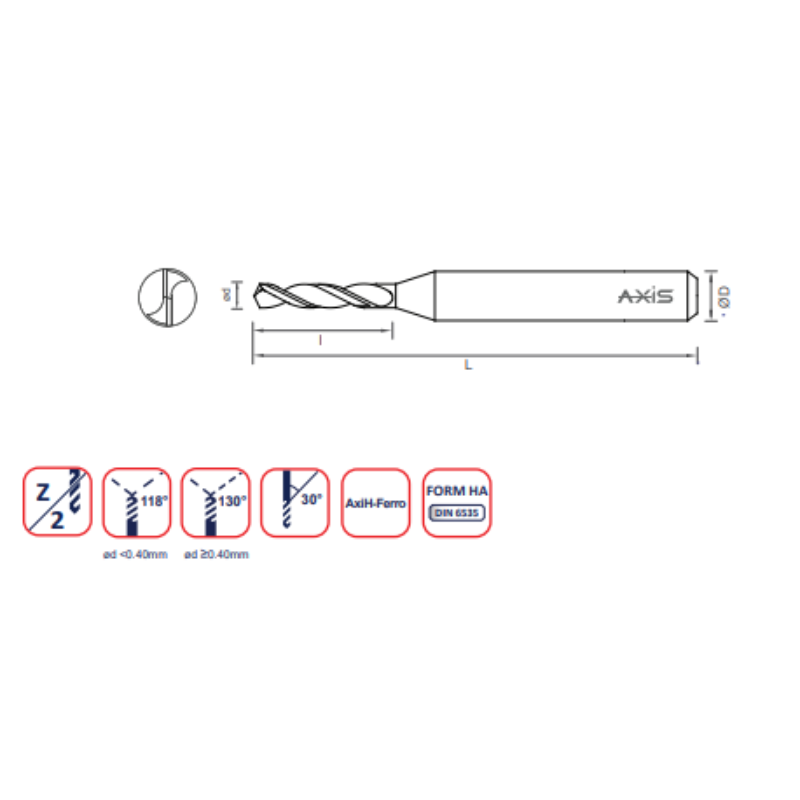 Axis Micro Carbide Drill - Uncoated Short flute length T3011 (3-5xD) - 2.97 Diameter