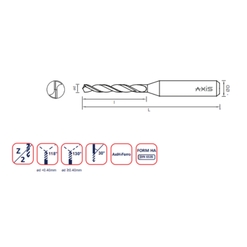 Axis Micro Carbide Drill - Uncoated Medium flute length T3021 (5-8xD) - 2.97 Diameter