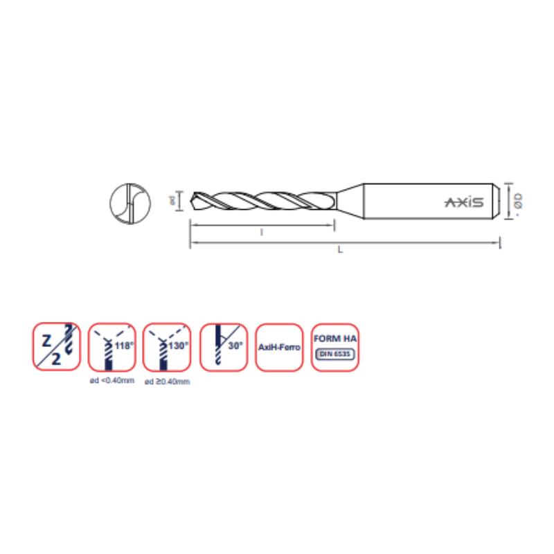 Axis Micro Carbide Drill - Uncoated Long flute length T3031 (8-12xD) - 2.57 Diameter