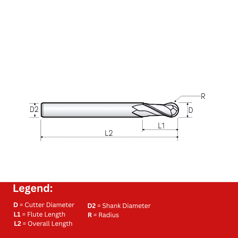 Widin Carbide End Mill - Ball Nose - 2 Flute Regular Length - 20mm