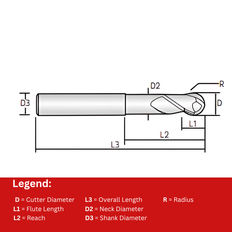 Widin Carbide End Mill For Aluminium & Non-Ferrous - 2 Flute 50° Helix Ball Nose- 16mm x 200mm