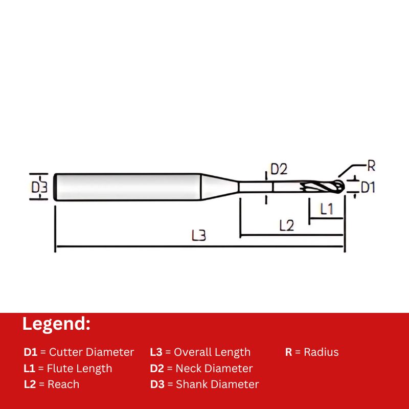 Widin Carbide Rib Processing End Mill - 2 Flute Ball Nose (ESRB71200410) - 0.4mm x10mm (4mm Shank Dia)