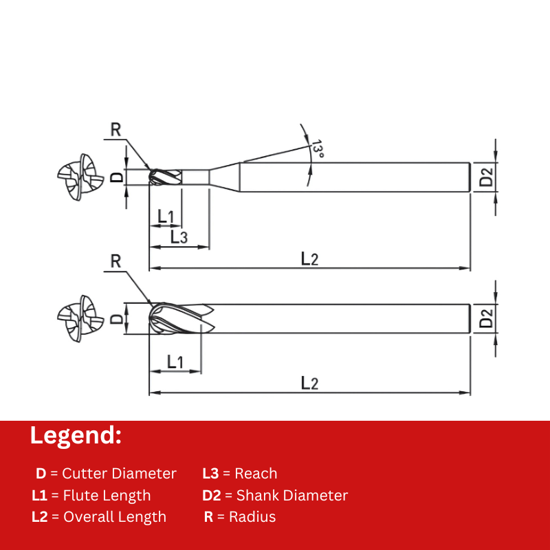 Widin Carbide End Mill For Graphite - 4 Flute Ball Nose - 12mm x 180mm