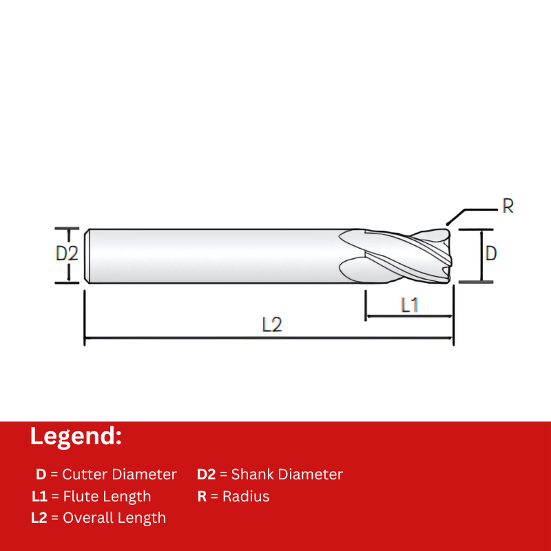 Widin Carbide Corner Radius End Mill For Mold & Die - 4 Flute Multi Purpose - 5mm x60mm x R0.3