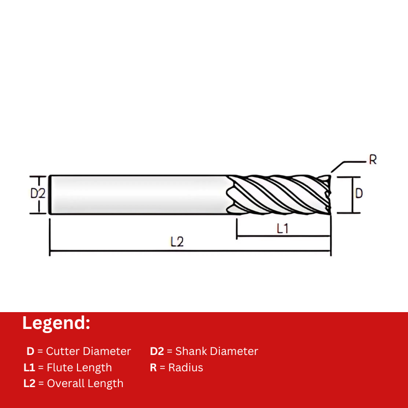 Widin Carbide Corner Radius End Mill For Mold & Die - 6 Flute 45° - 12mm x R0.3