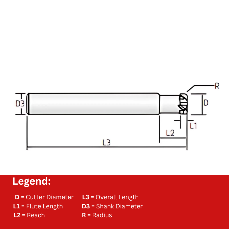 Widin Carbide Corner Radius End Mill For Mold & Die - 4 Flute High Feed Rate - 1mmx 50mm x R0.1