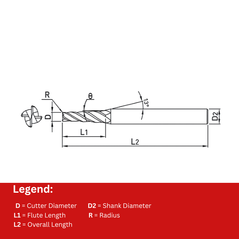 Widin Carbide Corner Radius End Mill For Mold & Die - 4 Flute Tapered Neck - 1.2mmx 12mm x R0.3 x 1