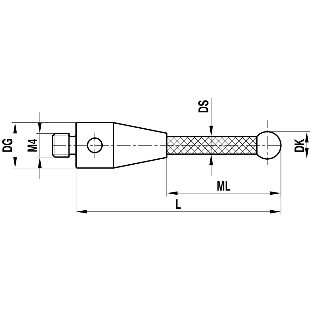 ITP Straight Styli - Type A - Silicon Nitride Ball - M4 Thread x 153mm Overall Length - TCM4S6007153