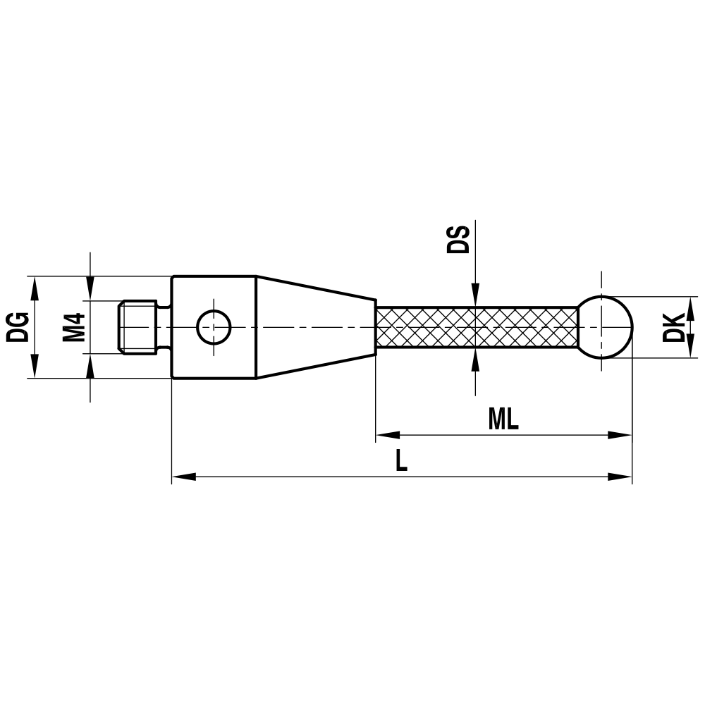 ITP Straight Styli - Type A - Zirconium Oxide Ball - M4 Thread x 103mm Overall Length - TCM4Z6007103