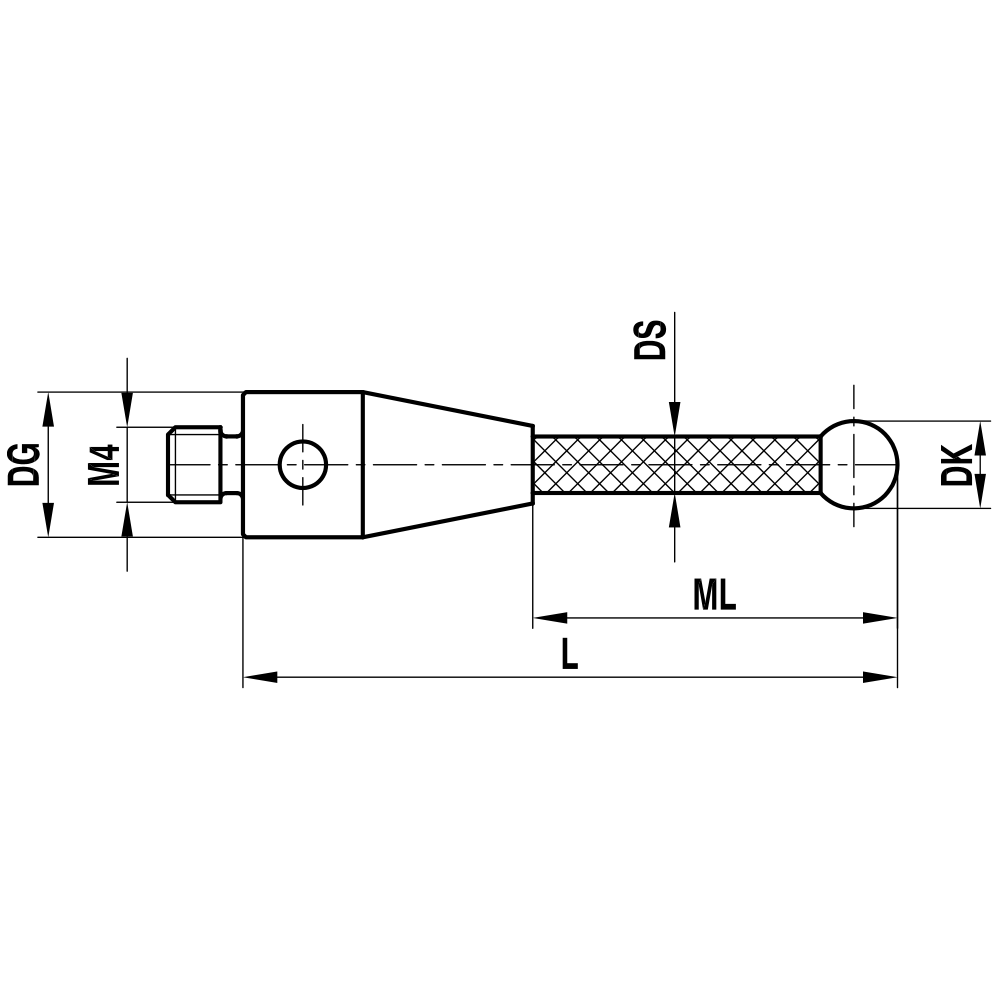 ITP Straight Styli - Type A - Zirconium Oxide Ball - M4 Thread x 203mm Overall Length - TCM4Z6007203