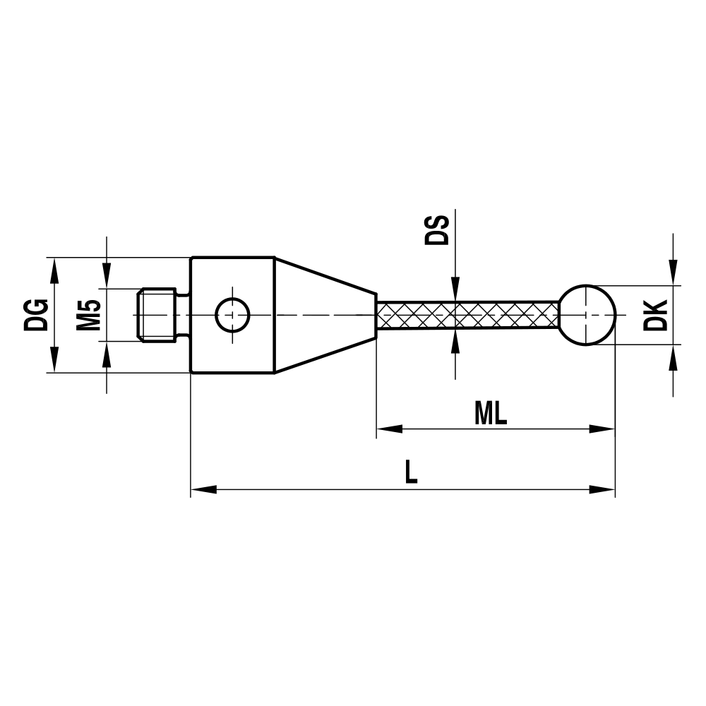 ITP Straight Styli - Type A - Ruby Ball - M5 Thread x 22.5mm Overall Length - TCM505010022