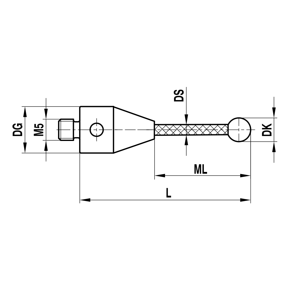 ITP Straight Styli - Type A - Silicon Nitride Ball - M5 Thread x 118mm Overall Length - TCM5S10011118