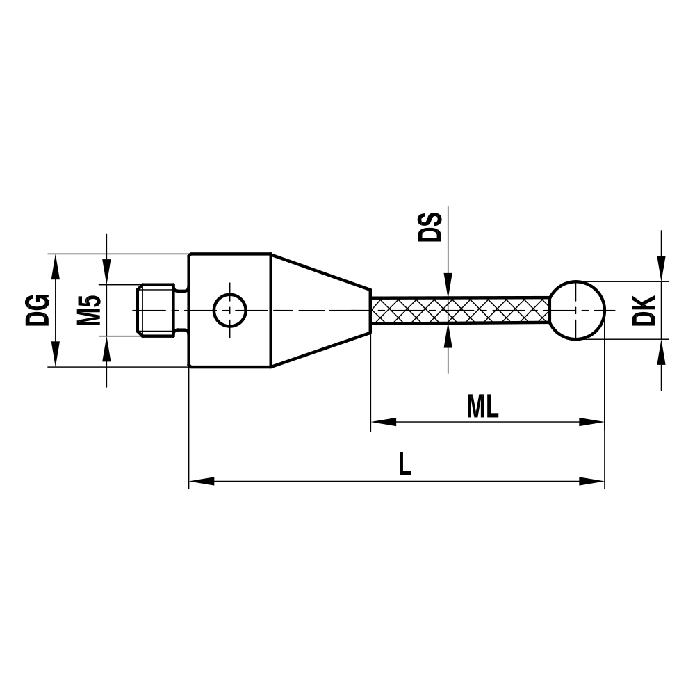 ITP Straight Styli - Type A - Silicon Nitride Ball - M5 Thread x 64mm Overall Length - TCM5S4011064