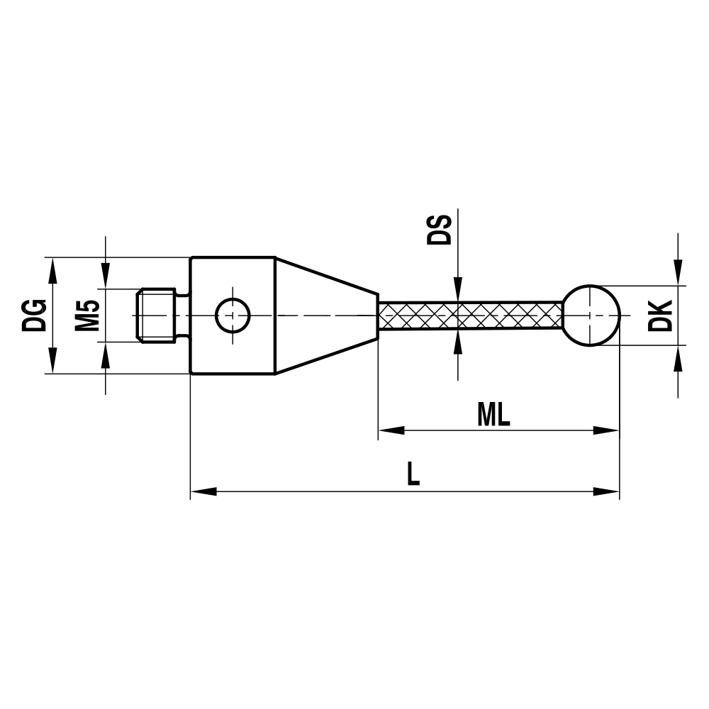 ITP Straight Styli - Type A - Silicon Nitride Ball - M5 Thread x 53mm Overall Length - TCM5S5011053