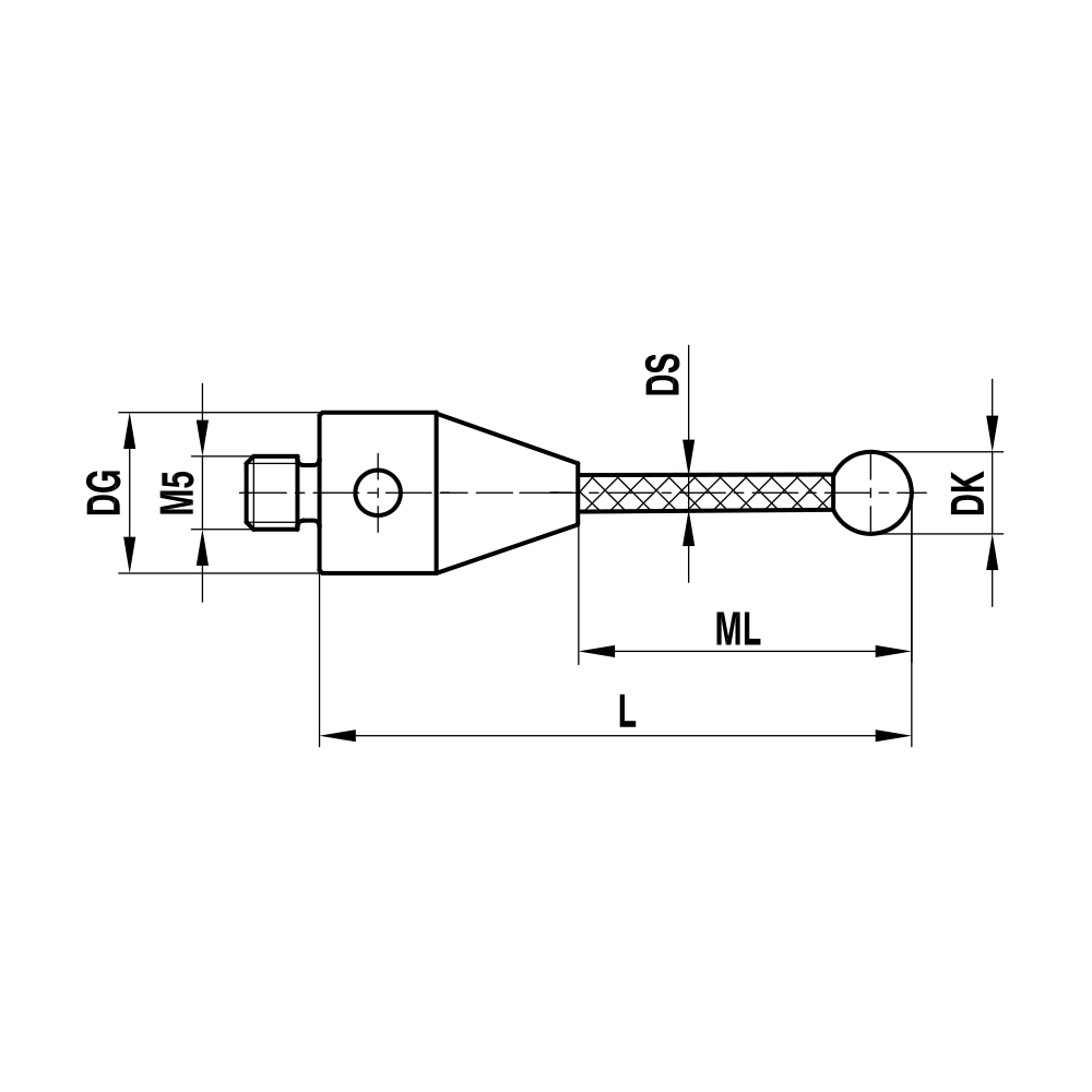 ITP Straight Styli - Type A - Silicon Nitride Ball - M5 Thread x 100mm Overall Length - TCM5S5011100