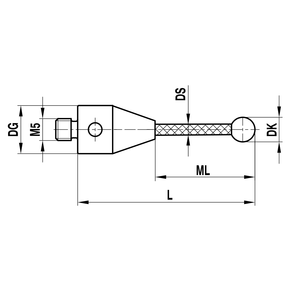 ITP Straight Styli - Type A - Zirconium Oxide Ball - M5 Thread x 53mm Overall Length - TCM5Z6010053