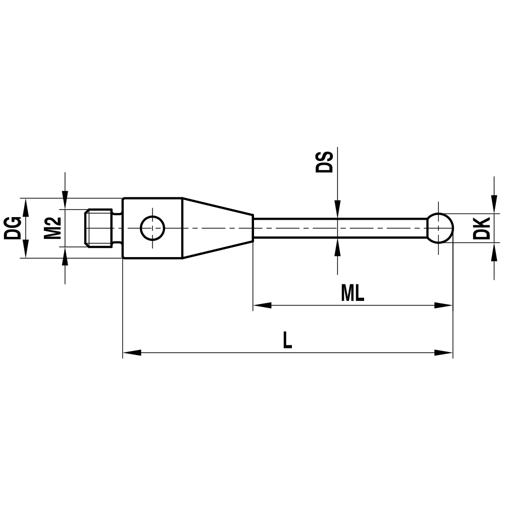 ITP Straight Styli - Type A - Silicon Nitride Ball - M2 Thread x 52mm Overall Length - THM2S4003052