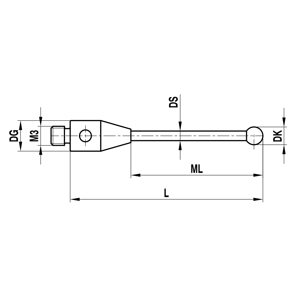 ITP Straight Styli - Type A - Diamond Coated Ball - M3 XXT Thread x 40mm Overall Length - THM3DC2005040