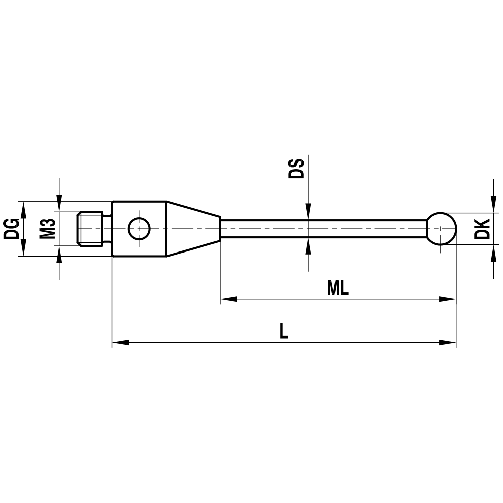 ITP Straight Styli - Type A - Silicon Nitride Ball - M3 Thread x 22.25mm Overall Length - THM3S2504022