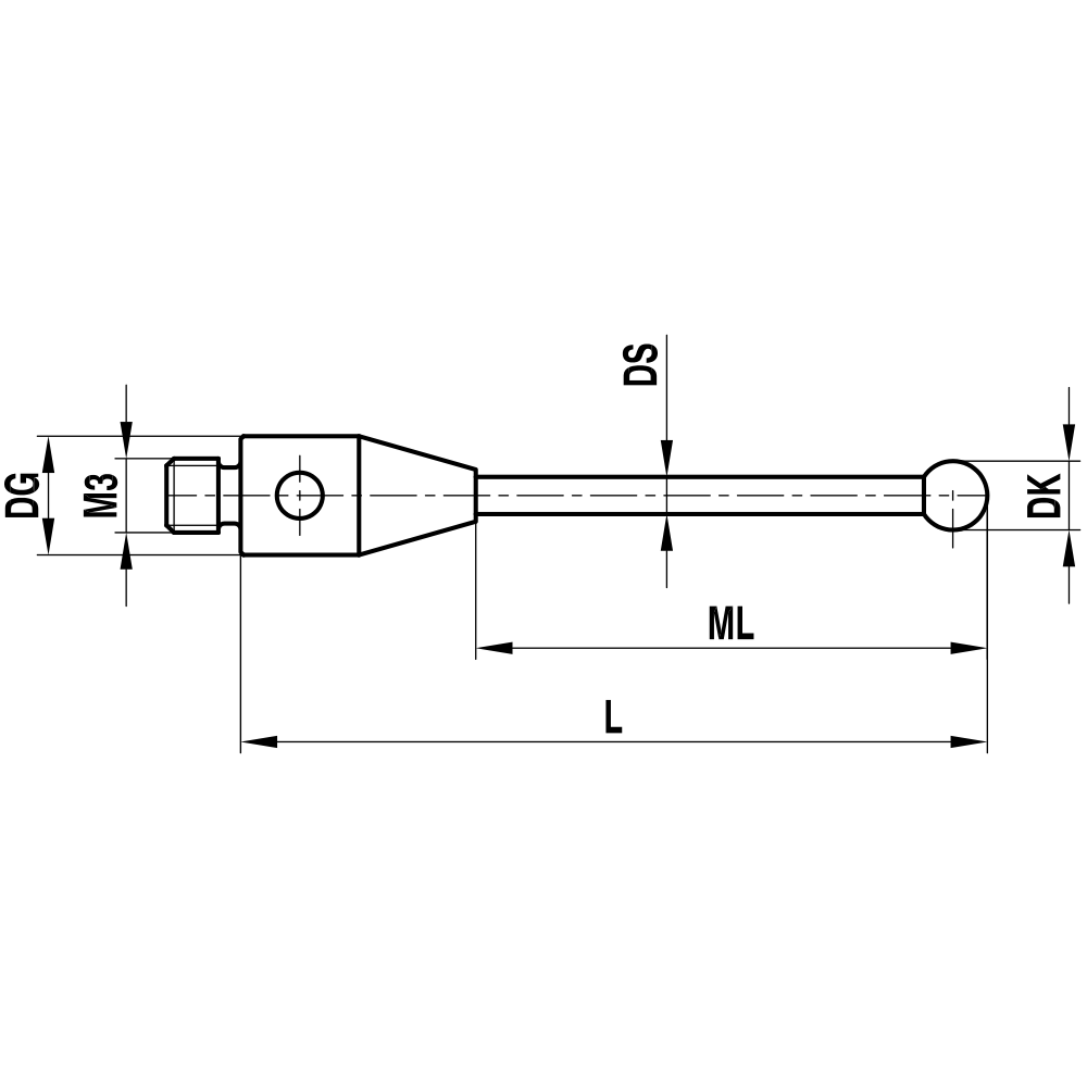 ITP Straight Styli - Type A - Silicon Nitride Ball - M3 Thread x 51.5mm Overall Length - THM3S3004051