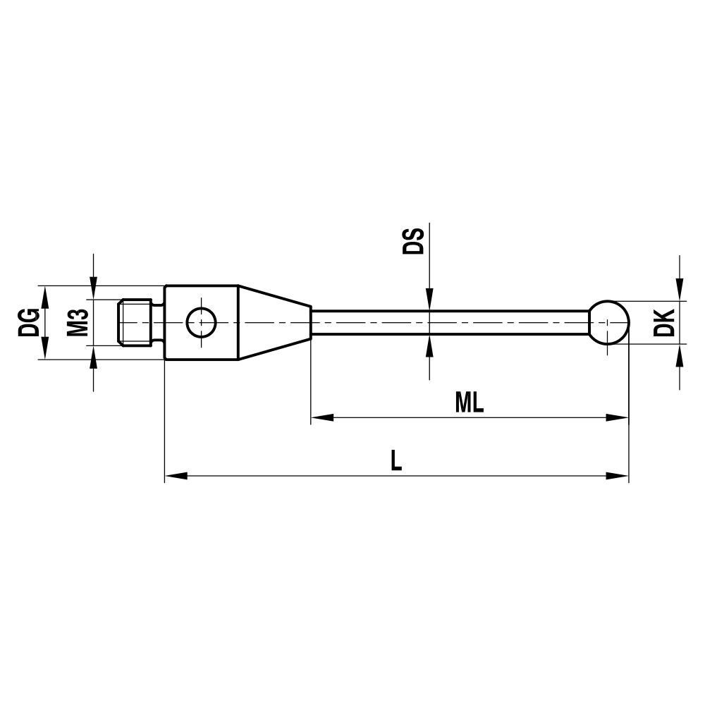 ITP Straight Styli - Type A - Silicon Nitride Ball - M3 Thread x 52mm Overall Length - THM3S4004052